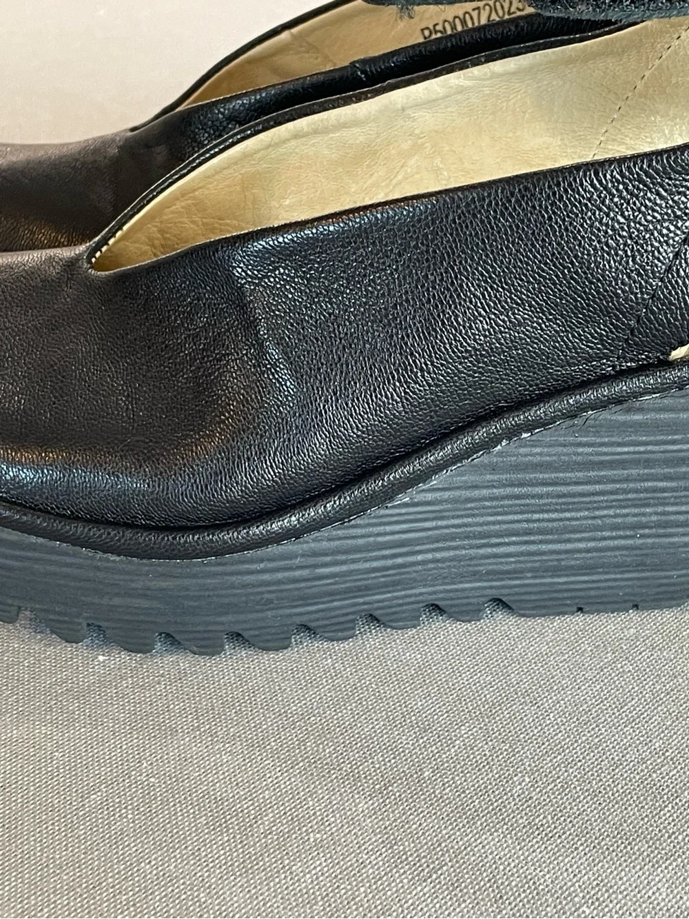 Fly London Black Leather Peep Toe Platform Wedge Sandals with Ankle Strap